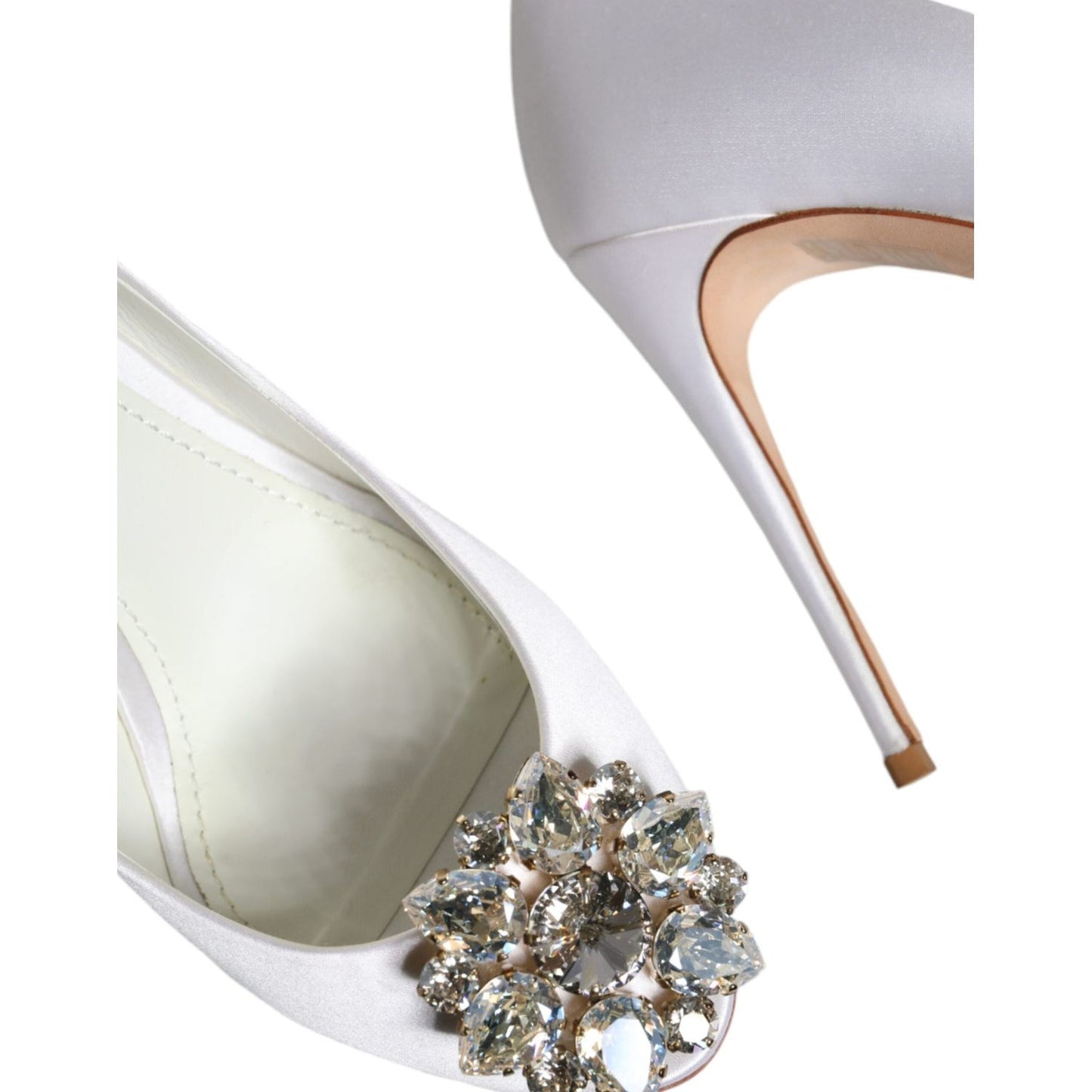 Dolce & Gabbana White Crystals Peep Toe Satin Pumps Shoes Dolce & Gabbana