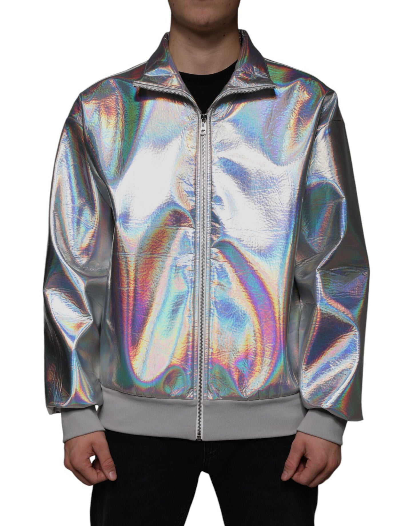 Dolce & Gabbana Silver Iridescent Full Zip Men Bomber Jacket Dolce & Gabbana