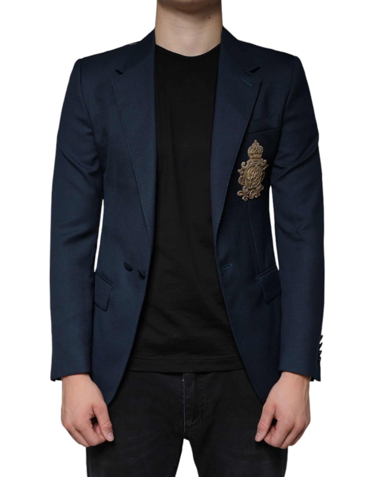 Dolce & Gabbana Blue Wool Logo Single Breasted Coat Blazer Dolce & Gabbana