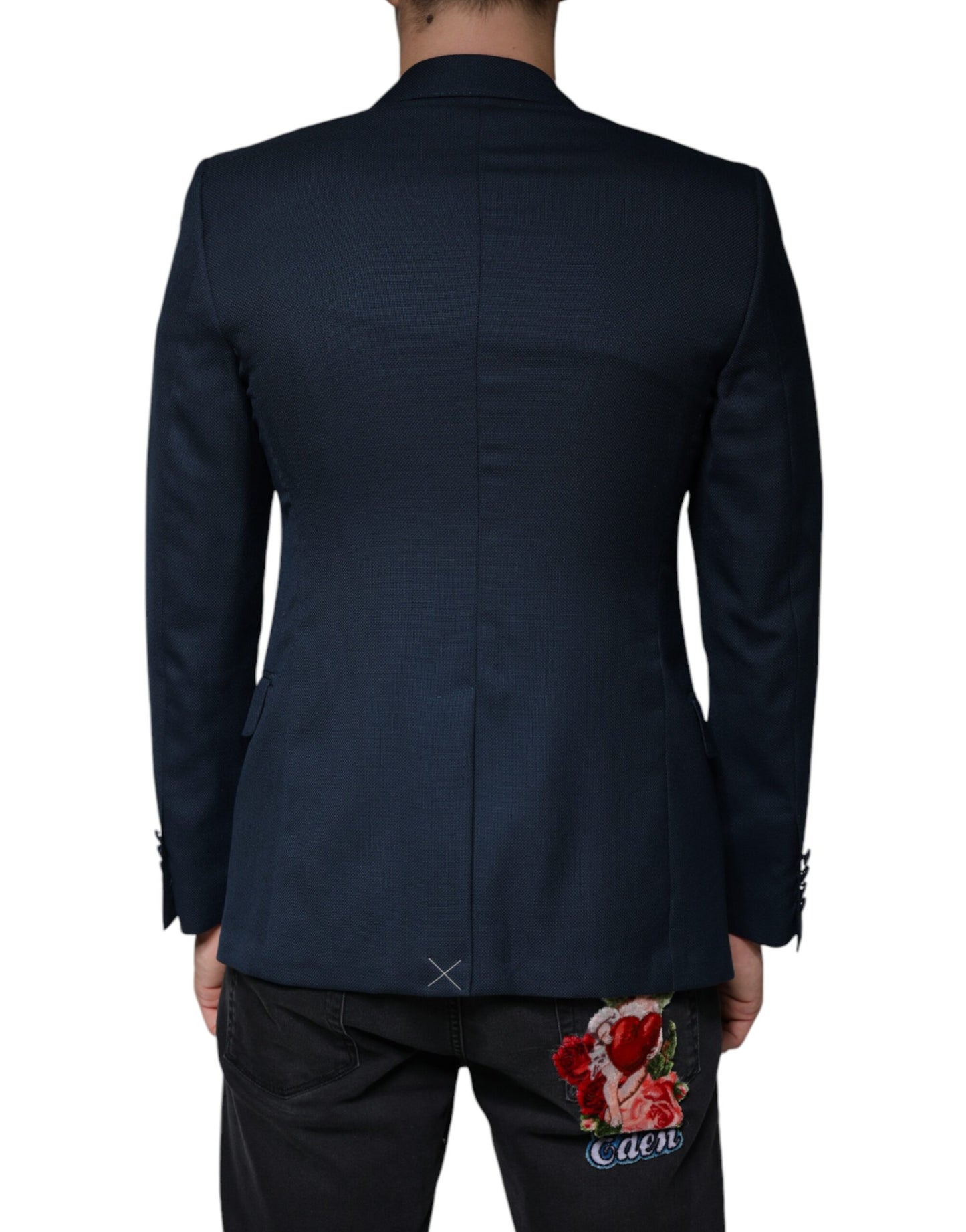 Dolce & Gabbana Blue Wool Logo Single Breasted Coat Blazer Dolce & Gabbana