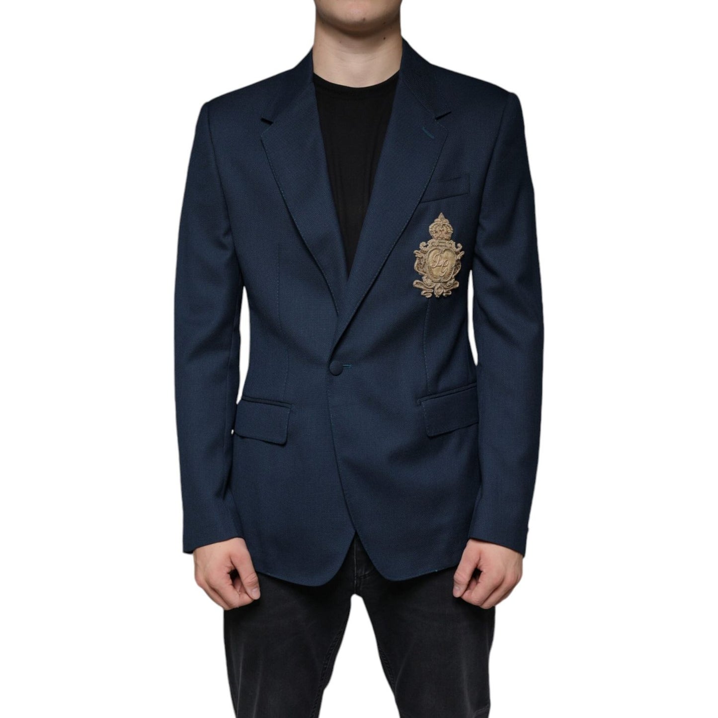 Dolce & Gabbana Blue Wool Logo Single Breasted Coat Blazer Dolce & Gabbana