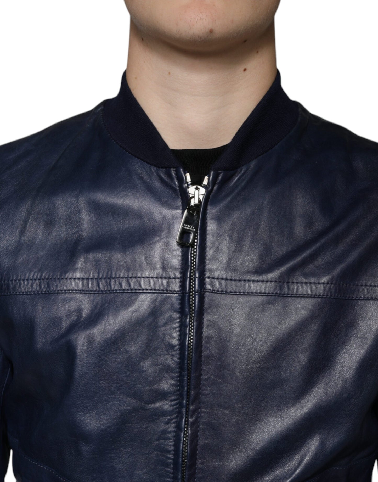 Dolce & Gabbana Blue Lambskin Leather Full Zip Biker Jacket Dolce & Gabbana