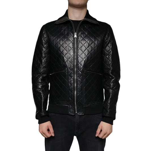 Dolce & Gabbana Black Calf Leather Quilted Full Zip Jacket 1728,67345645728,Black,Clothing,Dolce & Gabbana,IT48 | M,Jackets & Coats - Clothing,Jackets - Men - Clothing,Leather Jackets - Jackets & Coats - Clothing,Material: 90% Calf Leather 8% Virgin Wool