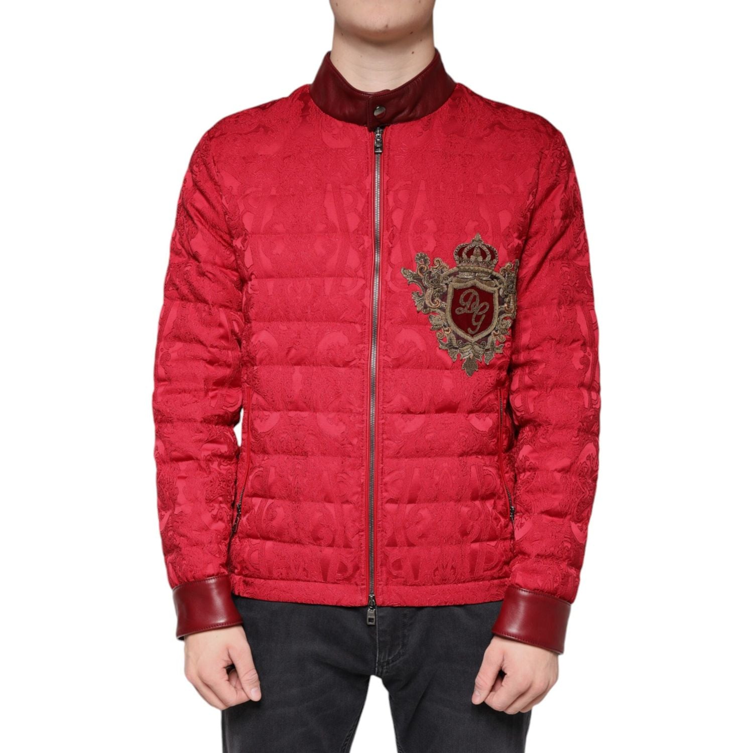 Dolce & Gabbana Red Quilted Bomber Gold Crown Logo Jacket