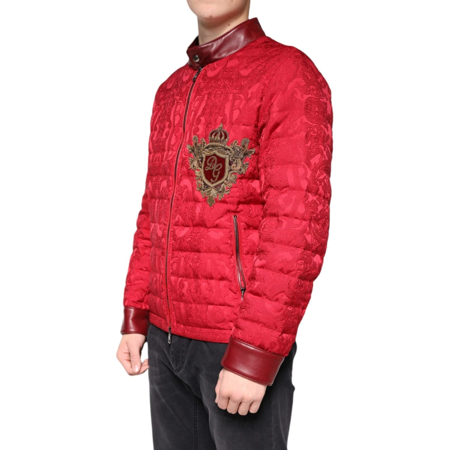 Dolce & Gabbana Red Quilted Bomber Gold Crown Logo Jacket