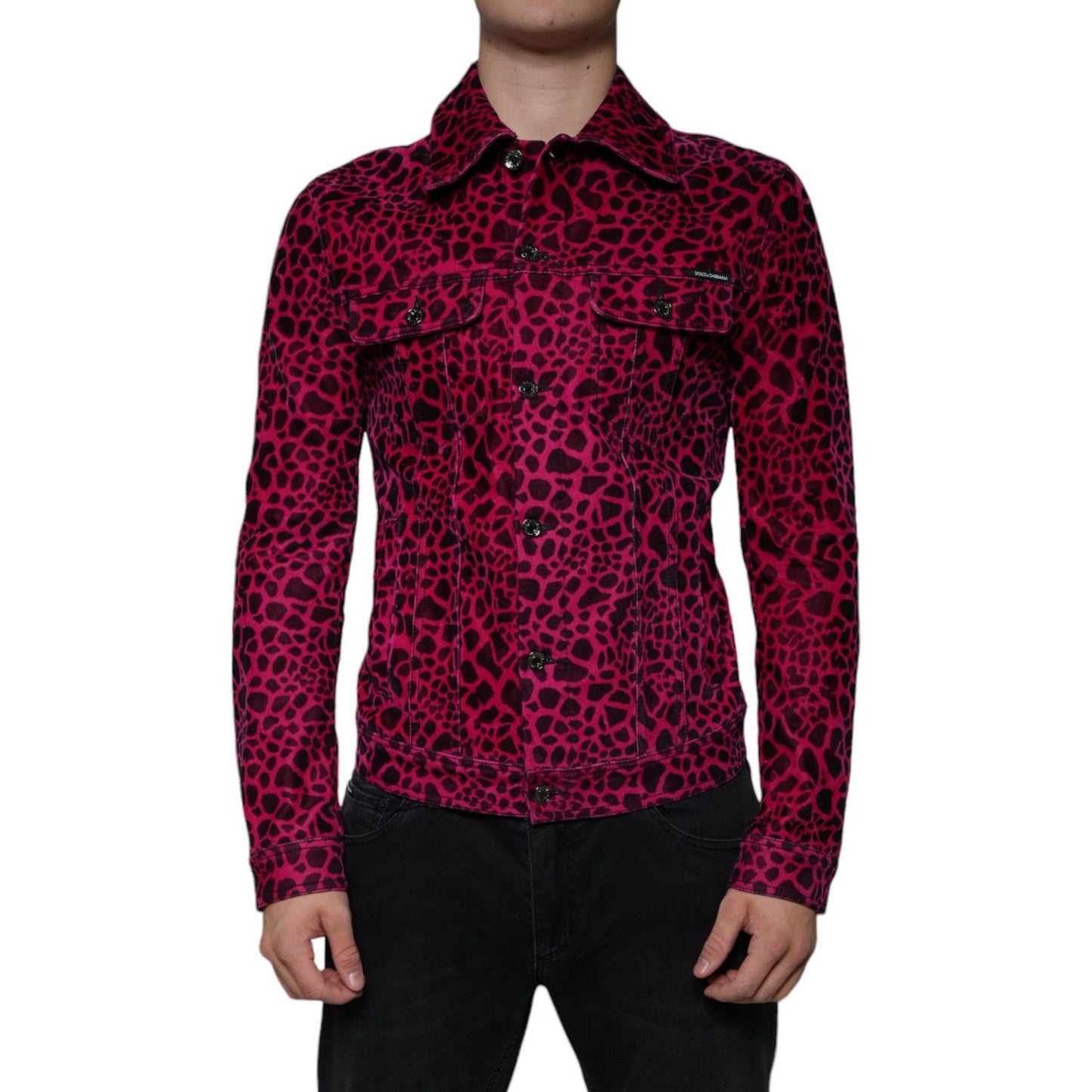 Dolce & Gabbana Fuchsia Leopard Button Down Collared Jacket 1728,67345645728,Clothing,Denim Jackets - Jackets & Coats - Clothing,Dolce & Gabbana,Fuchsia,IT48 | M,Jackets & Coats - Clothing,Jackets - Men - Clothing,Material: 97% Cotton 3% Elastane,Men,New