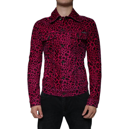 Dolce & Gabbana Fuchsia Leopard Button Down Collared Jacket 1728,67345645728,Clothing,Denim Jackets - Jackets & Coats - Clothing,Dolce & Gabbana,Fuchsia,IT48 | M,Jackets & Coats - Clothing,Jackets - Men - Clothing,Material: 97% Cotton 3% Elastane,Men,New