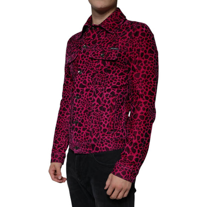 Dolce & Gabbana Fuchsia Leopard Button Down Collared Jacket 1728,67345645728,Clothing,Denim Jackets - Jackets & Coats - Clothing,Dolce & Gabbana,Fuchsia,IT48 | M,Jackets & Coats - Clothing,Jackets - Men - Clothing,Material: 97% Cotton 3% Elastane,Men,New