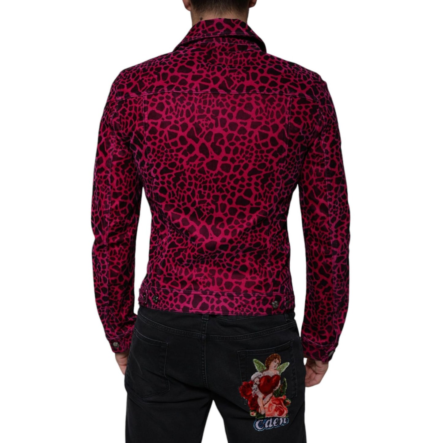 Dolce & Gabbana Fuchsia Leopard Button Down Collared Jacket 1728,67345645728,Clothing,Denim Jackets - Jackets & Coats - Clothing,Dolce & Gabbana,Fuchsia,IT48 | M,Jackets & Coats - Clothing,Jackets - Men - Clothing,Material: 97% Cotton 3% Elastane,Men,New