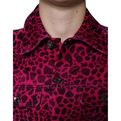 Dolce & Gabbana Fuchsia Leopard Button Down Collared Jacket 1728,67345645728,Clothing,Denim Jackets - Jackets & Coats - Clothing,Dolce & Gabbana,Fuchsia,IT48 | M,Jackets & Coats - Clothing,Jackets - Men - Clothing,Material: 97% Cotton 3% Elastane,Men,New