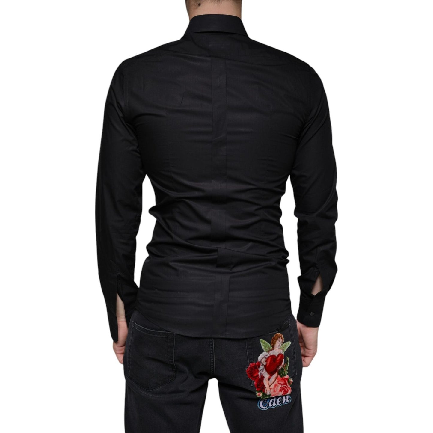 Dolce & Gabbana Black Cotton Stretch Dress GOLD Formal Shirt Dolce & Gabbana