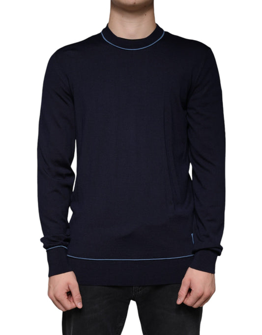 Dolce & Gabbana Dark Blue Wool Crew Neck Men Pullover Sweater Dolce & Gabbana