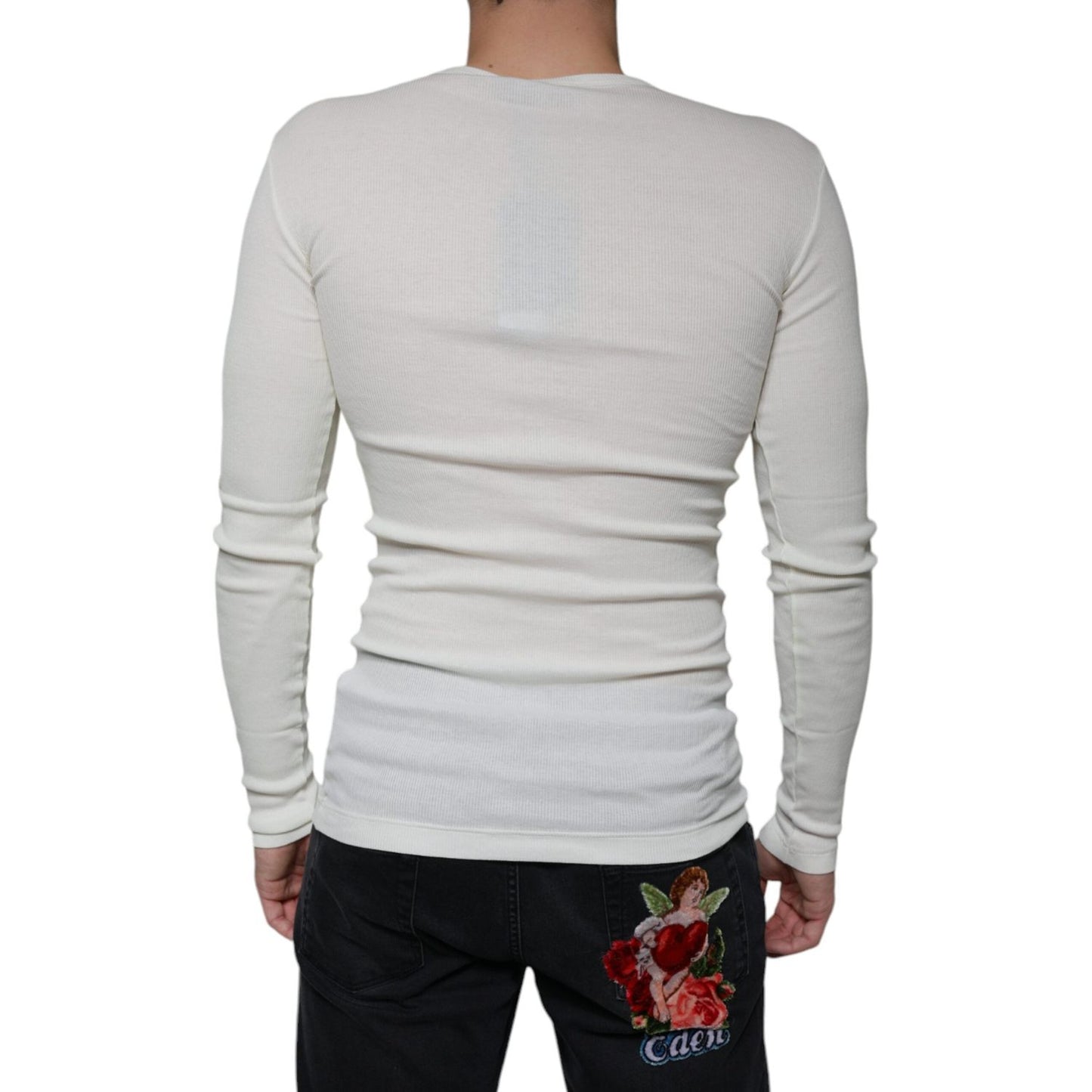 Dolce & Gabbana White Cotton Henley Crew Neck Pullover Sweater