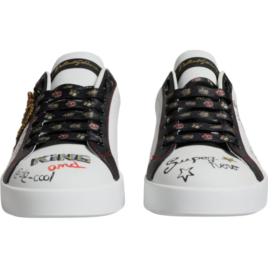 Dolce & Gabbana White Leather Crown Embellished Sneaker Shoes