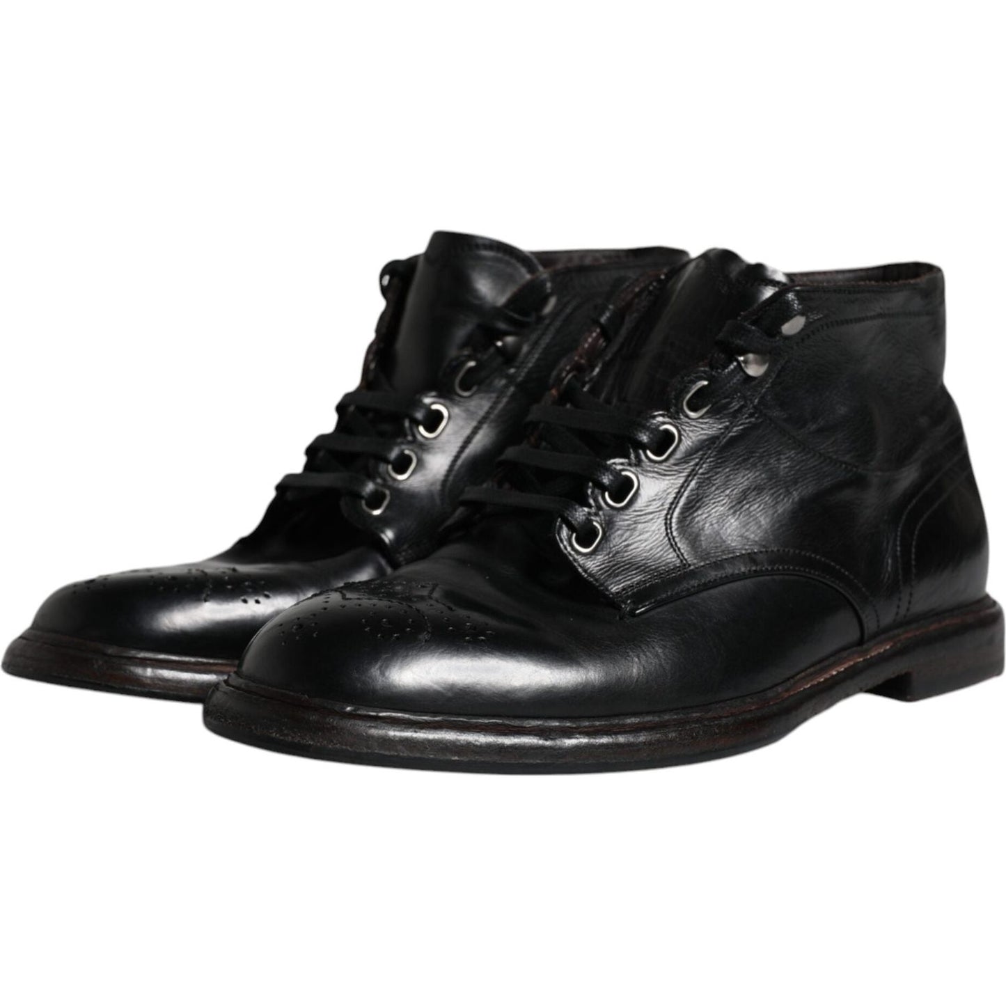 Dolce & Gabbana Black Leather Men Short Boots Lace Up Shoes Dolce & Gabbana