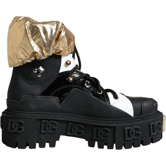 Dolce & Gabbana Black Gold Leather Trekking Ankle Boots Shoes