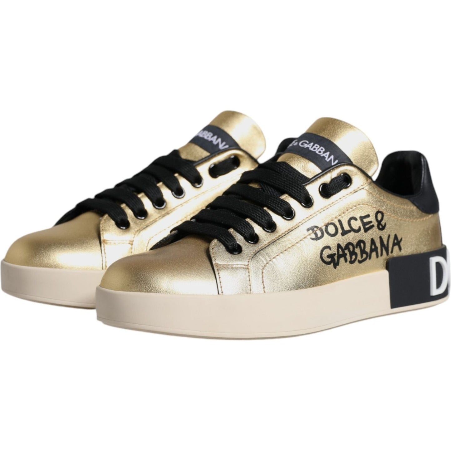 Dolce & Gabbana Gold Portofino Calf Leather Sneakers Shoes Dolce & Gabbana