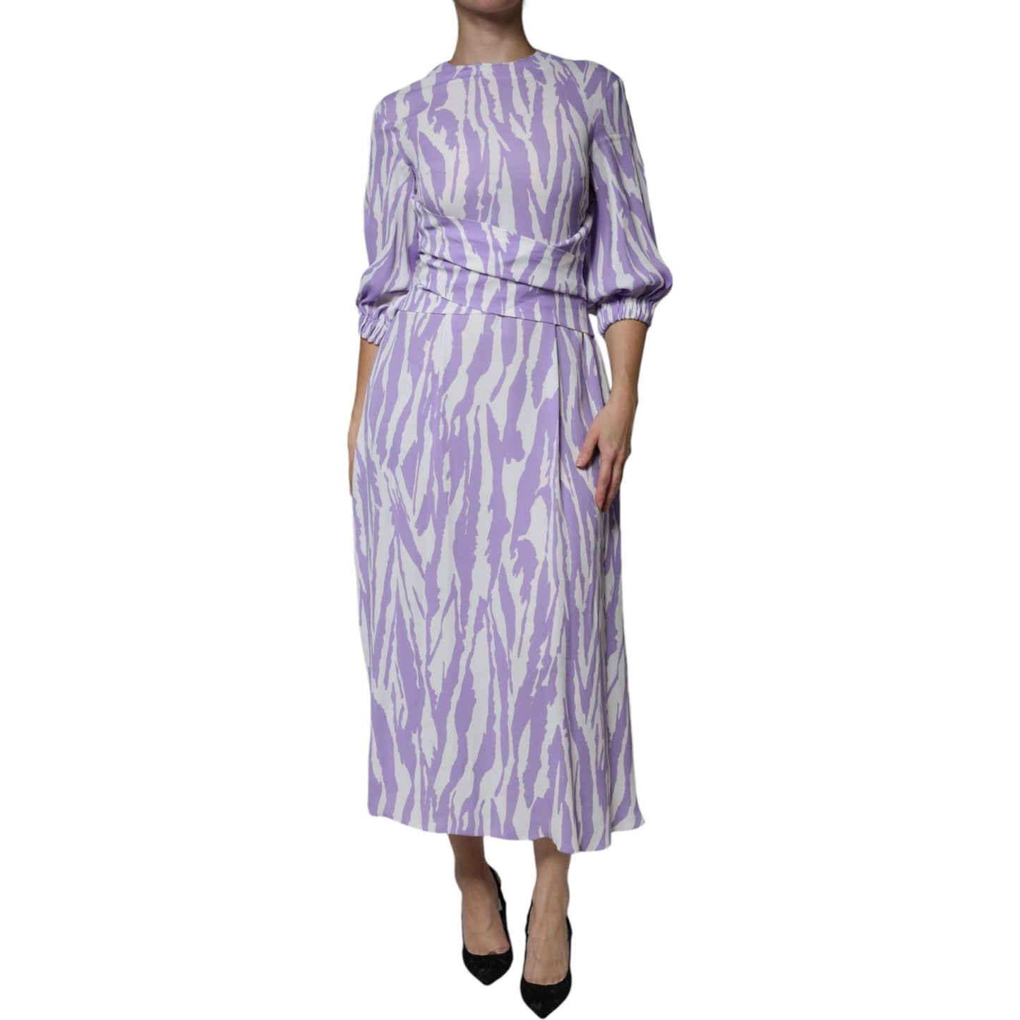 MSGM White Purple Patterned Viscose Short Sleeves Maxi Dress MSGM