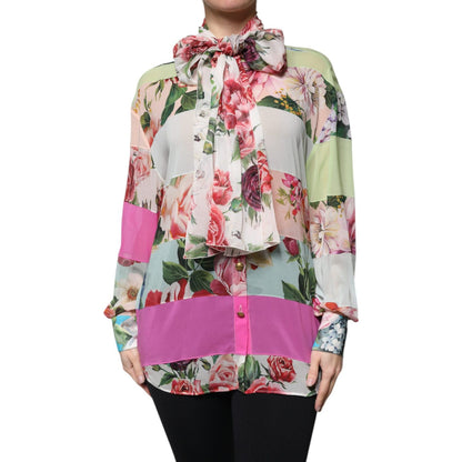 Dolce & Gabbana Multicolor Floral Patchwork Ascot Collar Top 1728,67345645728,Blouses - Shirts - Clothing,Clothing,Dolce & Gabbana,IT38 | XS,Material: 92% Silk 8% Elastane,Multicolor,New with tags,Shirts - Clothing,Tops & T-Shirts - Women - Clothing,Women