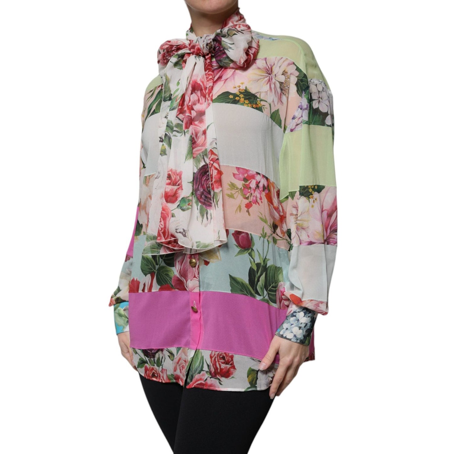 Dolce & Gabbana Multicolor Floral Patchwork Ascot Collar Top 1728,67345645728,Blouses - Shirts - Clothing,Clothing,Dolce & Gabbana,IT38 | XS,Material: 92% Silk 8% Elastane,Multicolor,New with tags,Shirts - Clothing,Tops & T-Shirts - Women - Clothing,Women