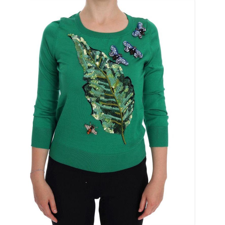 Dolce & Gabbana Embellished Green Silk Pullover Sweater Dolce & Gabbana