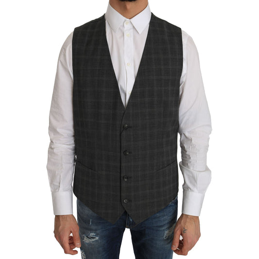 Dolce & Gabbana Gray Wool STAFF Checkered Stretch Vest Dolce & Gabbana