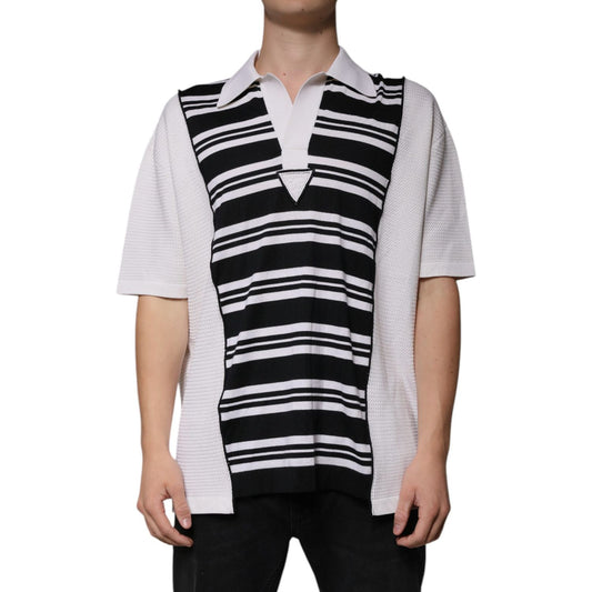 Dolce & Gabbana Black White Stripes Collared Polo T-shirt 1728,67345645728,Black and White,Clothing,Dolce & Gabbana,IT52 | XL,Material: 74% Silk 23% Cotton 2% Cashmere 1% Nylon,Men,Men - Clothing,New with tags,Polo Shirt - Men - Clothing,Polo Shirts - T-S