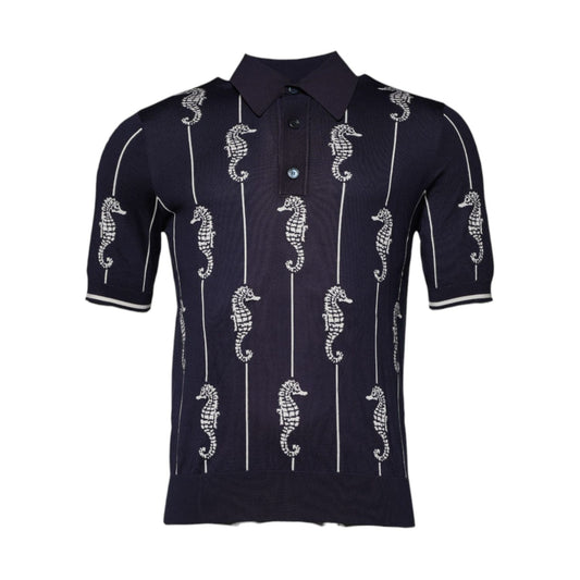 Dolce & Gabbana Dark Blue Sea Horse Collared Polo T-shirt 1728,67345645728,Blue,Clothing,Dolce & Gabbana,IT48 | M,Material: 100% Silk,Men,Men - Clothing,Polo Shirt - Men - Clothing,Polo Shirts - T-Shirts - Clothing,Preowned / Defect,T-Shirts - Clothing