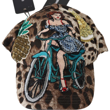 Dolce & Gabbana Brown Leopard Sequin Sicily Applique Baseball Hat 1728,3% Elastan,56 cm|XS,57 cm|S,67345645728,Accessories,Brown,Caps (Baseball Hat) - Hats - Accessories,Dolce & Gabbana,Hats - Accessories,Hats - Women - Accessories,Material: 97% Cotton,Ne