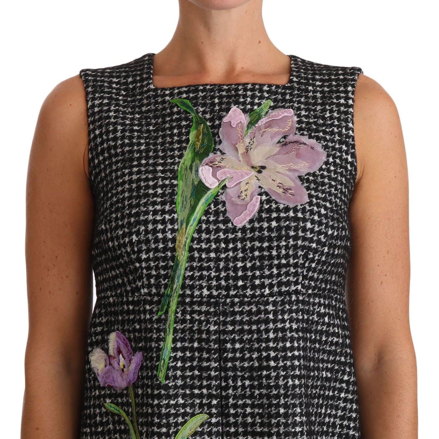 Dolce & Gabbana Houndstooth Floral Appliqué Shift Dress Dolce & Gabbana