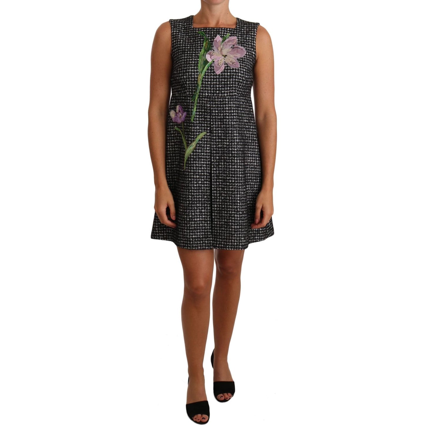 Dolce & Gabbana Gray Houndstooth Floral Appliqué Shift Mini Dress 12% nylon,17% alpaca,17% mohair,1728,20% silk,67345645728,Clothing,Dolce & Gabbana,Dresses - Clothing,Dresses - Women - Clothing,Gray,IT40|S,Material: 34% virgin wool,New with tags,Short -