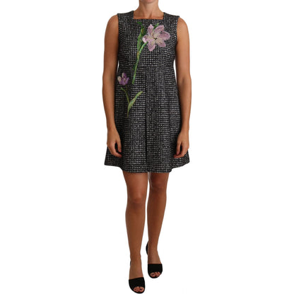 Dolce & Gabbana Gray Houndstooth Floral Appliqué Shift Mini Dress 12% nylon,17% alpaca,17% mohair,1728,20% silk,67345645728,Clothing,Dolce & Gabbana,Dresses - Clothing,Dresses - Women - Clothing,Gray,IT40|S,Material: 34% virgin wool,New with tags,Short -