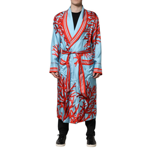 Dolce & Gabbana Blue Red Coral Print Wrap Robe Coat Jacket 1728,67345645728,Clothing,Dolce & Gabbana,IT52 | XL,Jackets - Men - Clothing,Light Blue,Material: 100% Silk,Men,Men - Clothing,New with tags,Robes - Sleepwear - Clothing,Sleepwear - Clothing