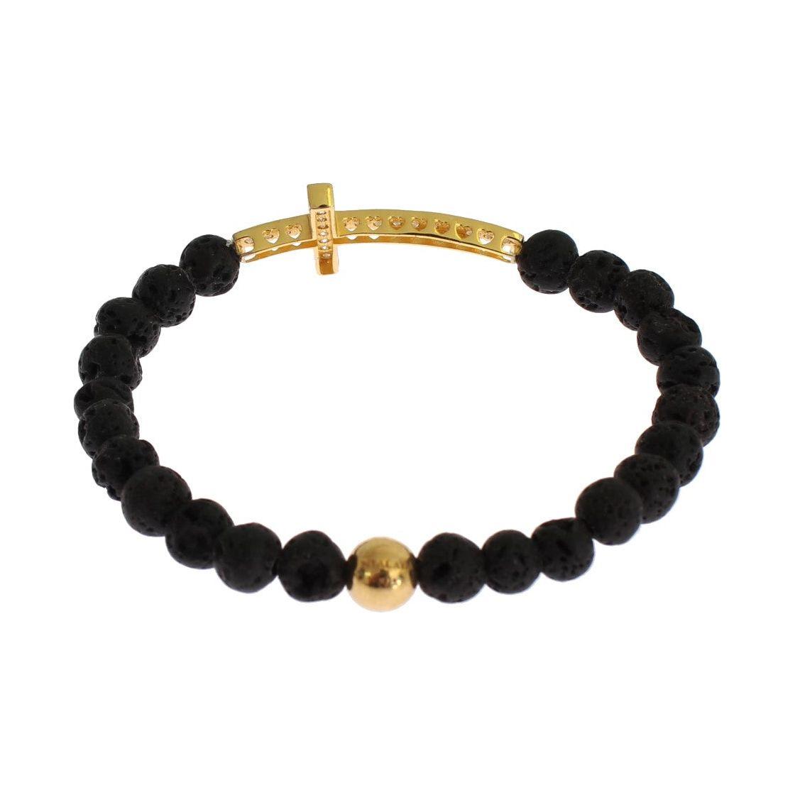 Nialaya Lava Stone Gold Clear CZ Cross 925 Silver Bracelet