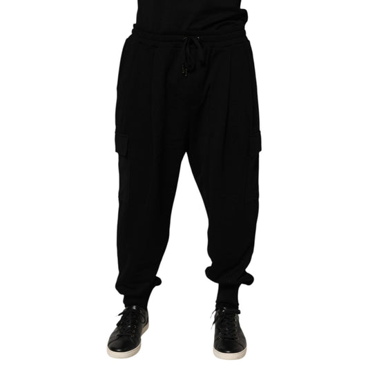 Dolce & Gabbana Black Cotton Blend Cargo Joggers Drawstring Pants 10% Elastane),11% Polyester (Rib: 90% Cotton,1728,67345645728,Athletic Pants - Pants - Clothing,Black,Cargo Pants - Pants - Clothing,Casual Pants - Pants - Clothing,Clothing,Dolce & Gabbana