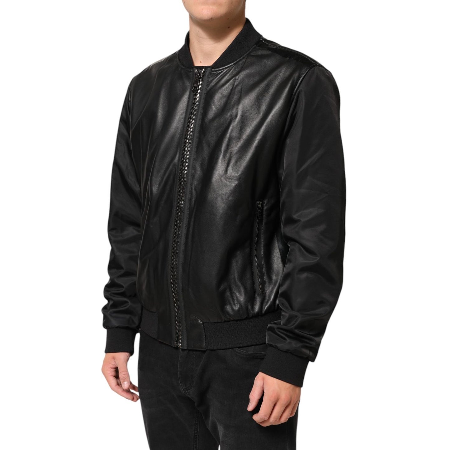 Dolce & Gabbana Black Leather Nylon FullZip Blouson Jacket 1728,67345645728,Black,Clothing,Dolce & Gabbana,IT56 | XXL,Jackets & Coats - Clothing,Leather Jackets - Jackets & Coats - Clothing,Material: 50%PA+50%Lamb,Men,New with tags