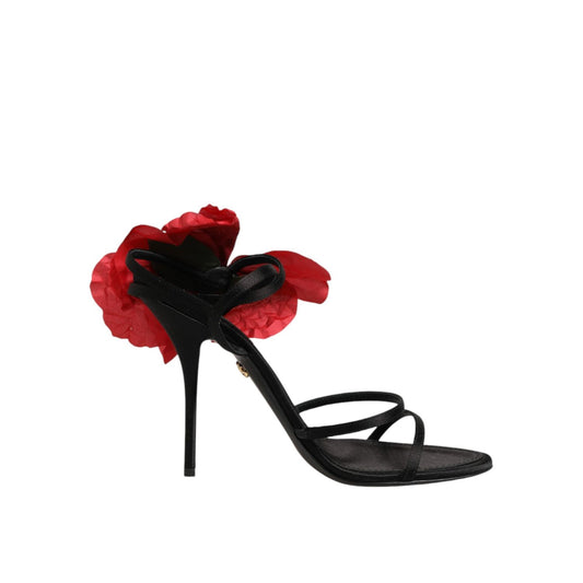 Dolce & Gabbana Black Leather Strappy Flower Heels Sandals  Shoes