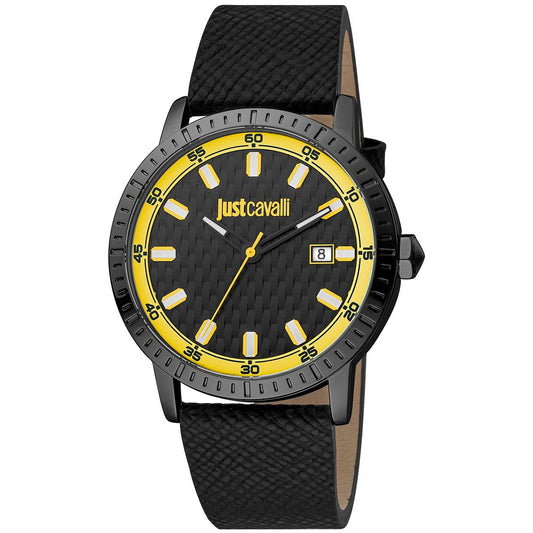 Just Cavalli Black Leather Dress Watch 1728,67434610848,Accessories,Black,Dress Watches - Watches - Accessories,Just Cavalli,Men,New with tags,Watches - Accessories