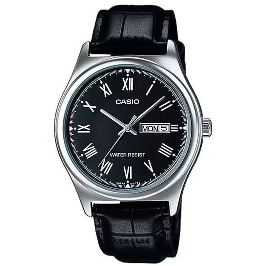 CASIO COLLECTION Mod. DAY DATE, ROMAN INDEXES. LEATHER - BLACK