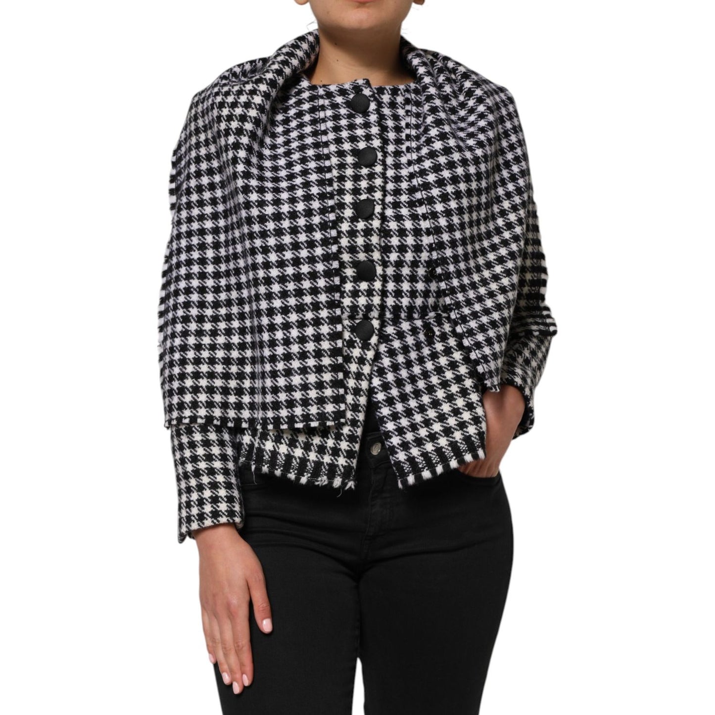 Dolce & Gabbana Multicolor Wool Monochrome Patterned Jacket 1728,67345645728,Black and White,Clothing,Dolce & Gabbana,Full-Length Jackets - Jackets & Coats - Clothing,IT38|XS,Jackets & Coats - Clothing,Jackets & Coats - Women - Clothing,Material: 99% Virg