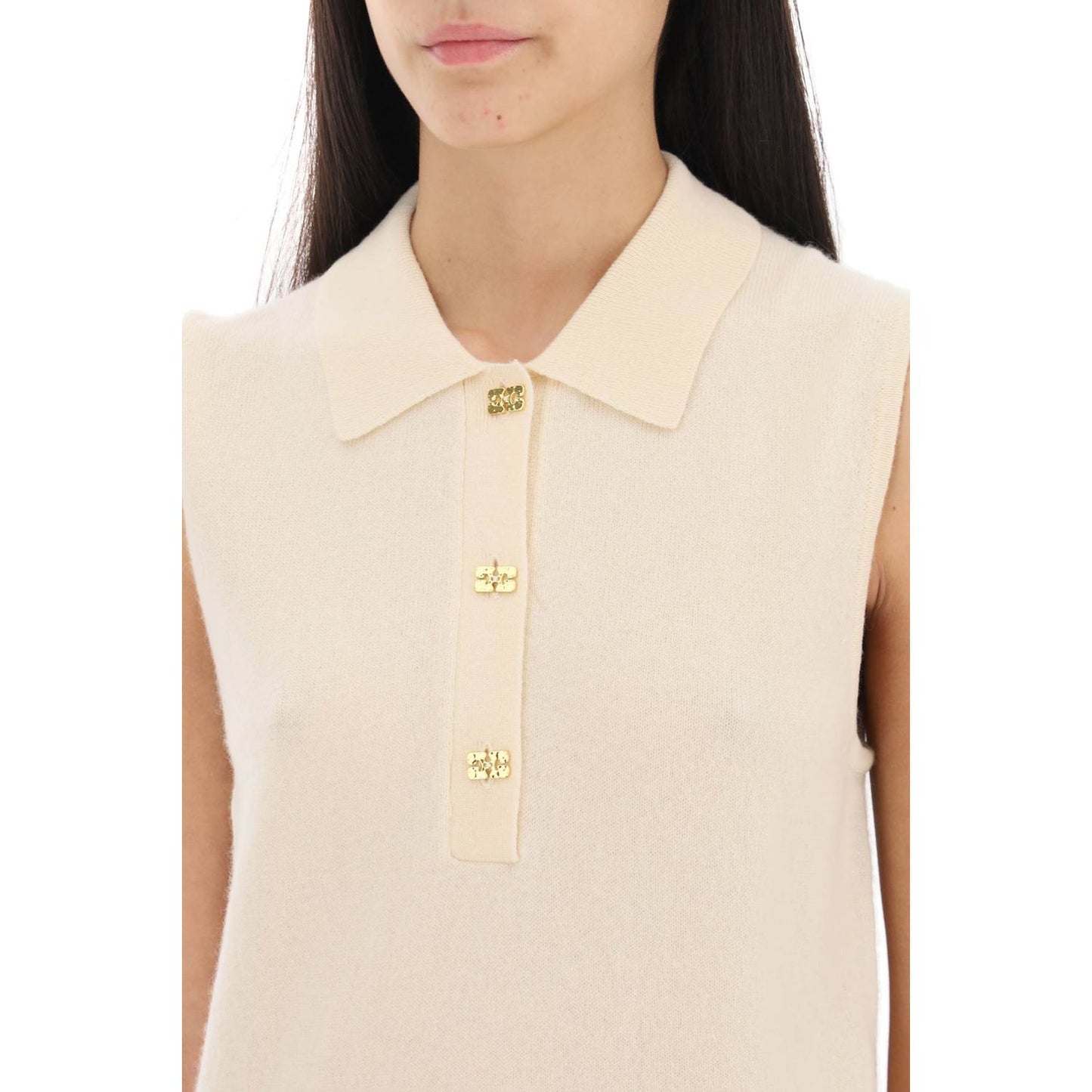 Ganni sleeveless polo shirt in wool and cashmere Topwear Ganni