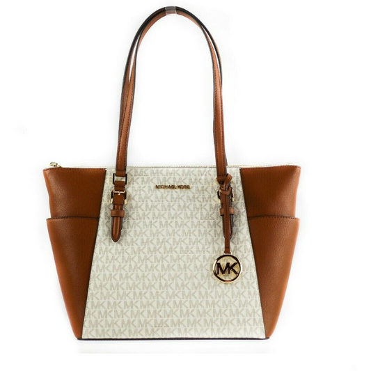 Michael Kors | Charlotte Signature Leather Large Top Zip Tote Handbag Bag (Vanilla) | McRichard Designer Brands