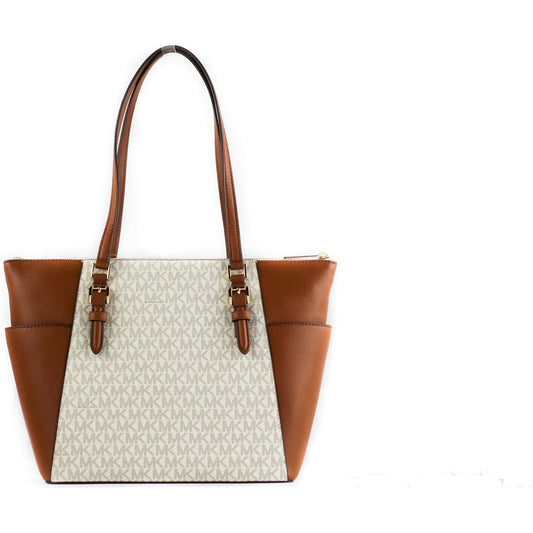 Michael Kors | Charlotte Signature Leather Large Top Zip Tote Handbag Bag (Vanilla) | McRichard Designer Brands