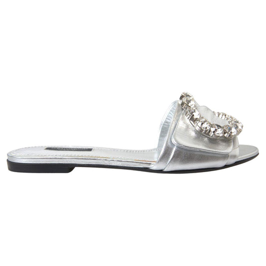 Dolce & Gabbana | Silver Crystal Embellished Slides Flat Shoes | McRichard Designer Brands